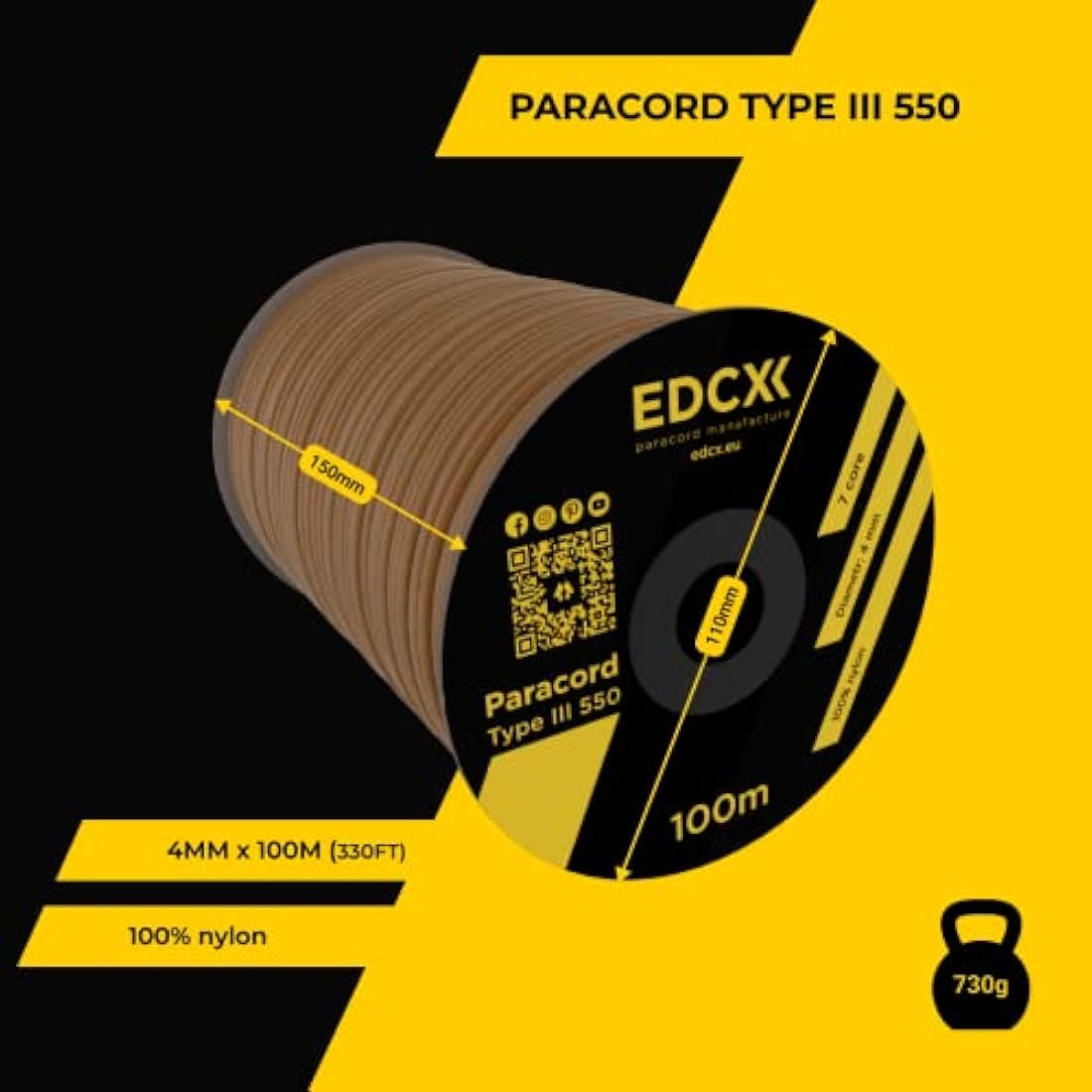 EDCX 550 Paracord Type III – 4mm Nylon Rope for Camping and DIY Crafting