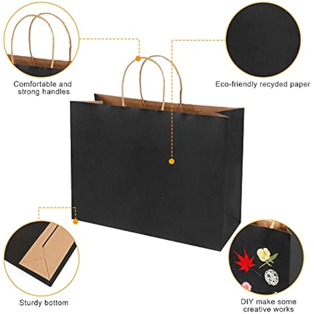 Weifeng 20pcs Large Black Kraft Paper Gift Bags with Handles - 30x12x23cm