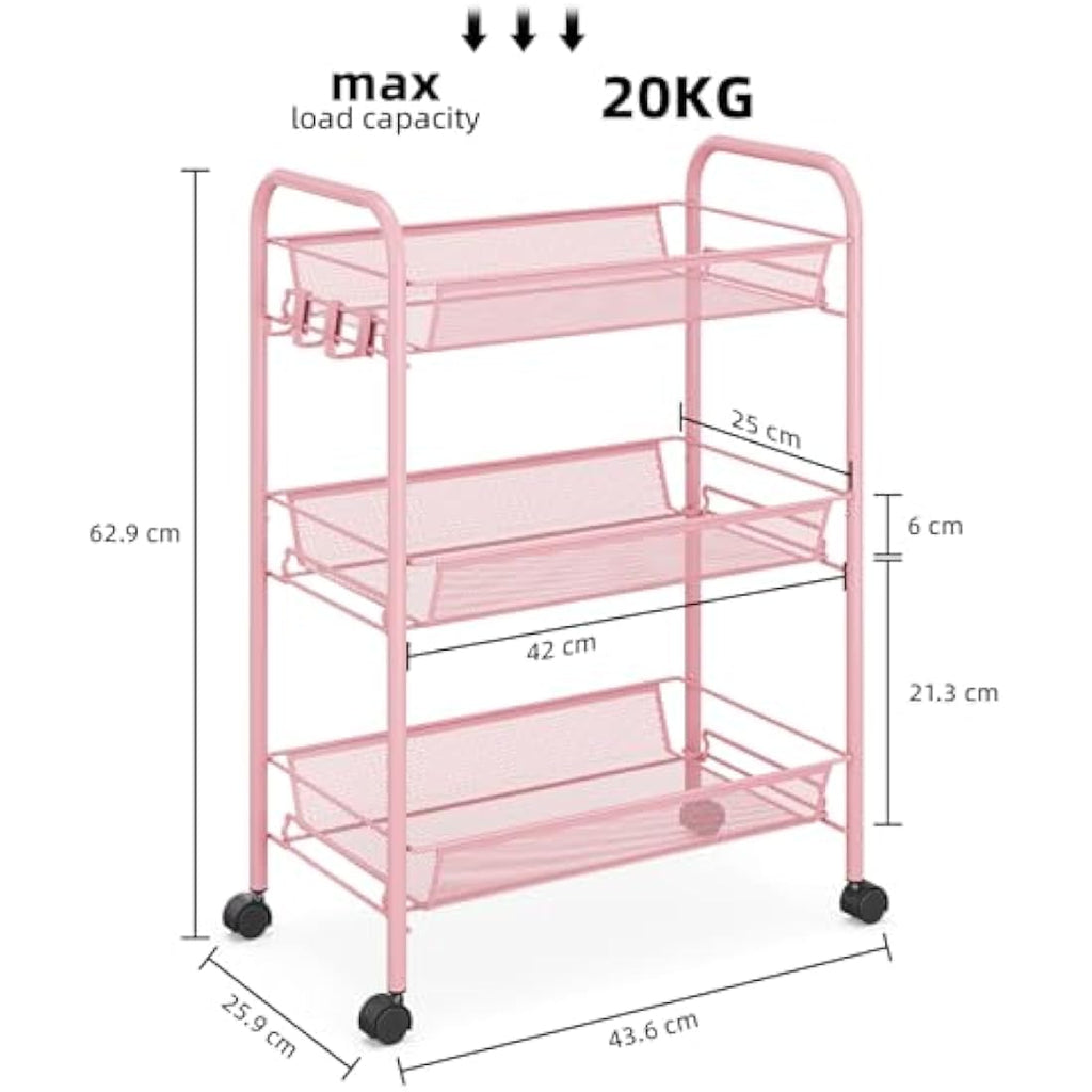 APEXCHASER 3-Tier Rolling Utility Cart | Metal Storage Trolley - Pink