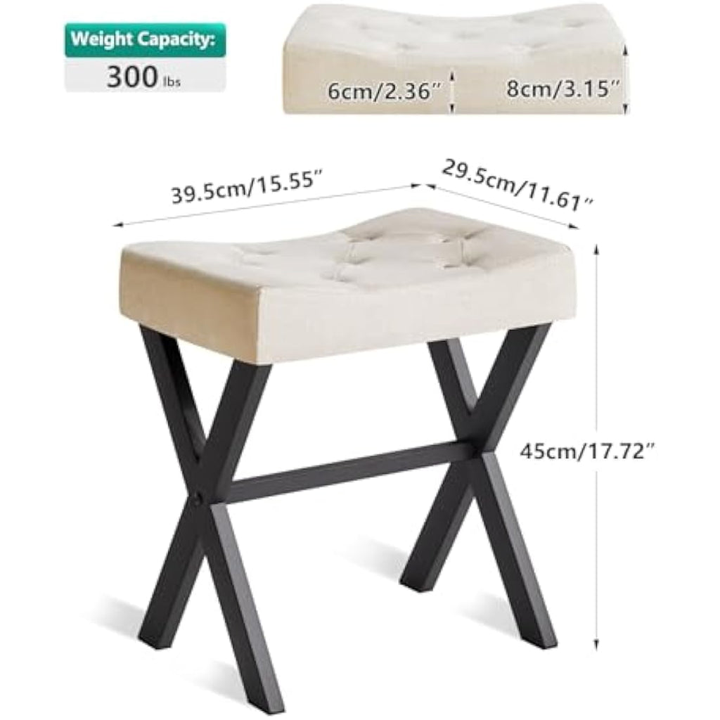 IBUYKE U-Shaped Linen Vanity Stool | Square Makeup Ottoman with X-Leg