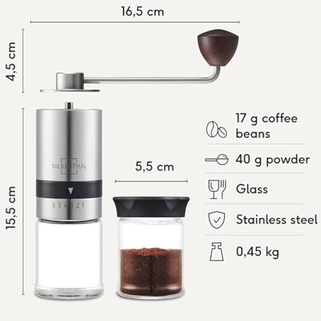 SILBERTHAL Manual Coffee Grinder – Stainless Steel with 6 Levels