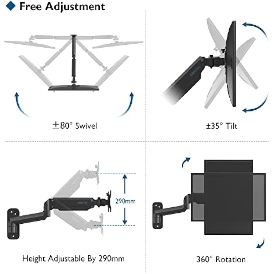 BONTEC Gas Spring Wall Mount for 13-42 Inch Screens | VESA 75-200mm
