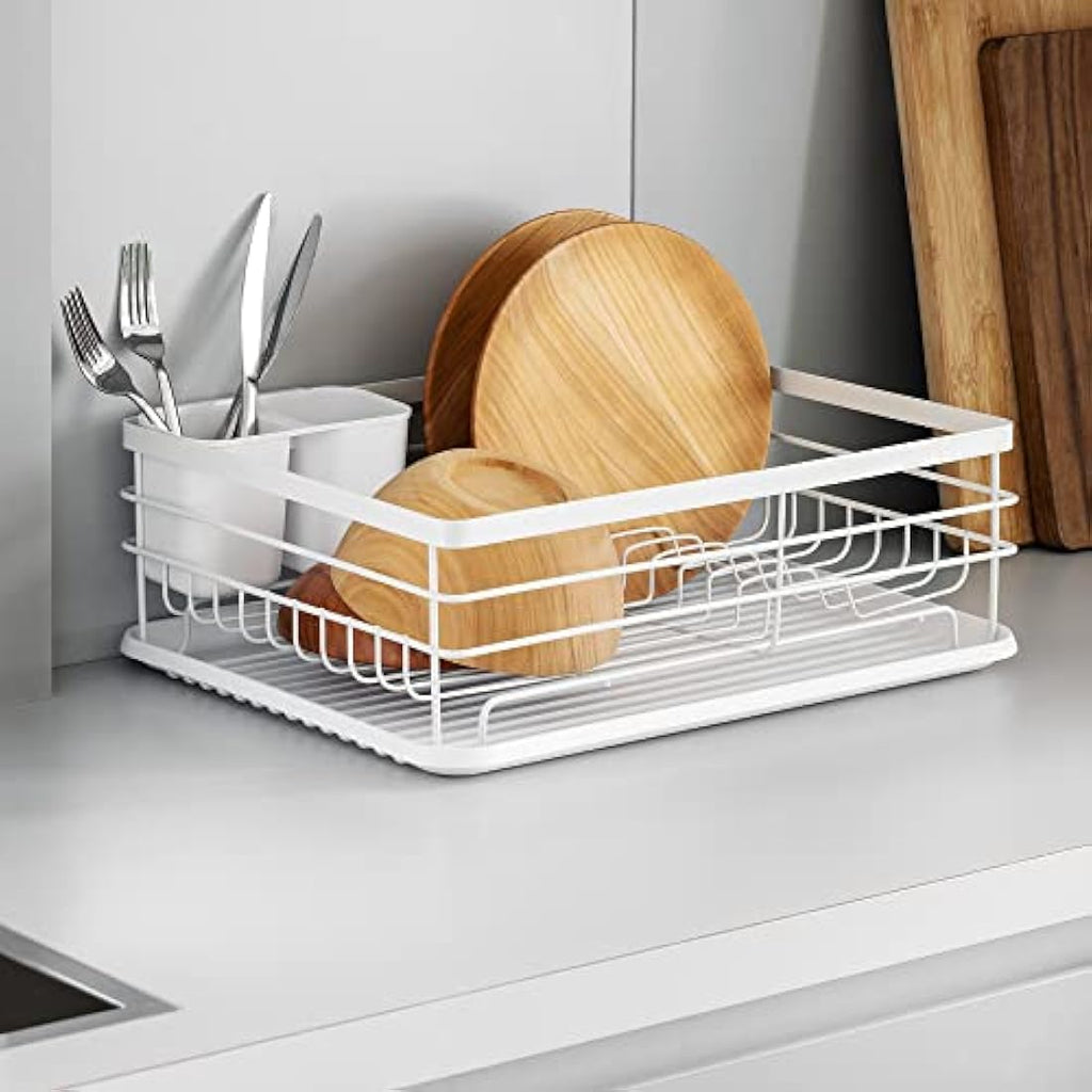 Navaris Dish Drying Rack – Retro Metal Drainer with Drip Tray, White