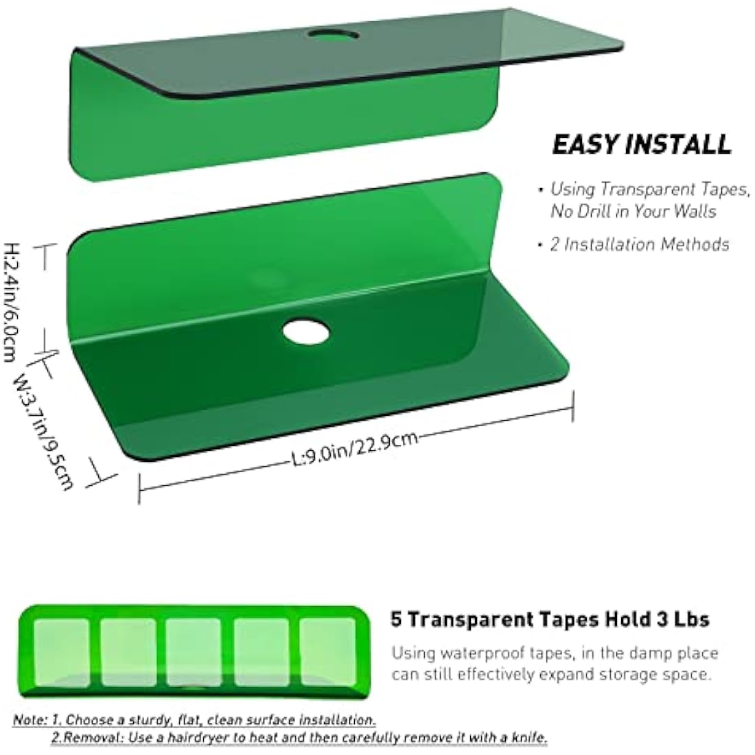 OAPRIRE Acrylic Floating Wall Shelves | 2-Pack Drill-Free Emerald Green
