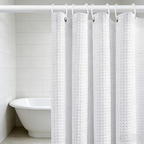 MospdyGear Water and Mould Proof Shower Curtain, White Waffle Weave Machine Washable 180x180cm with Hooks, Easy Clean Bathroom Decor - image 1