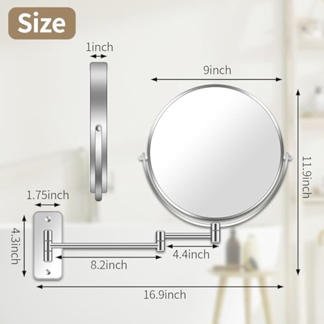 BTremary 9” Wall Mounted Makeup Mirror | 1X/7X Magnifying Chrome Vanity