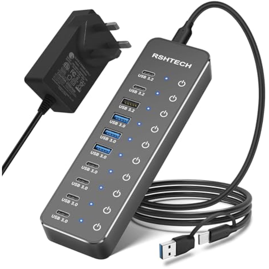 RSHTECH 10-Port Powered USB C Hub | 60W Adapter | 10Gbps USB 3.2 Gen2