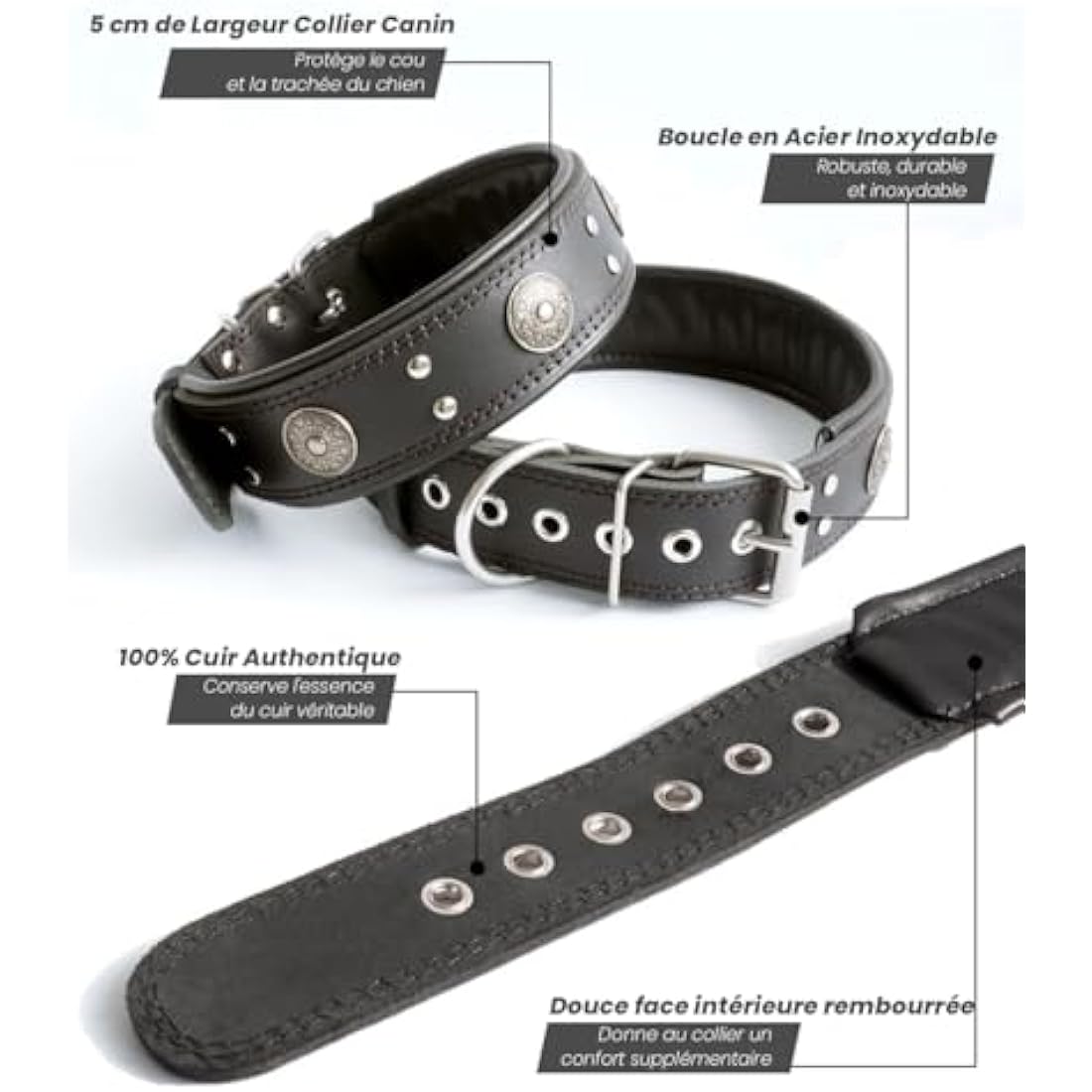Jolof Store Wide Leather Dog Collar – Padded Handmade Cowhide, Black