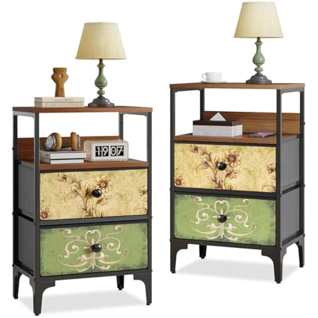 LYNCOHOME Bedside Tables Set of 2 | 2-Drawer Metal Nightstand