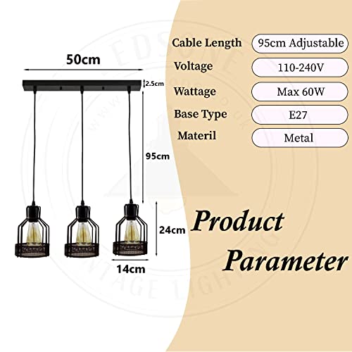 LEDSone Industrial 3-Light Bird Cage Pendant Lamp – Black Metal E27 Base