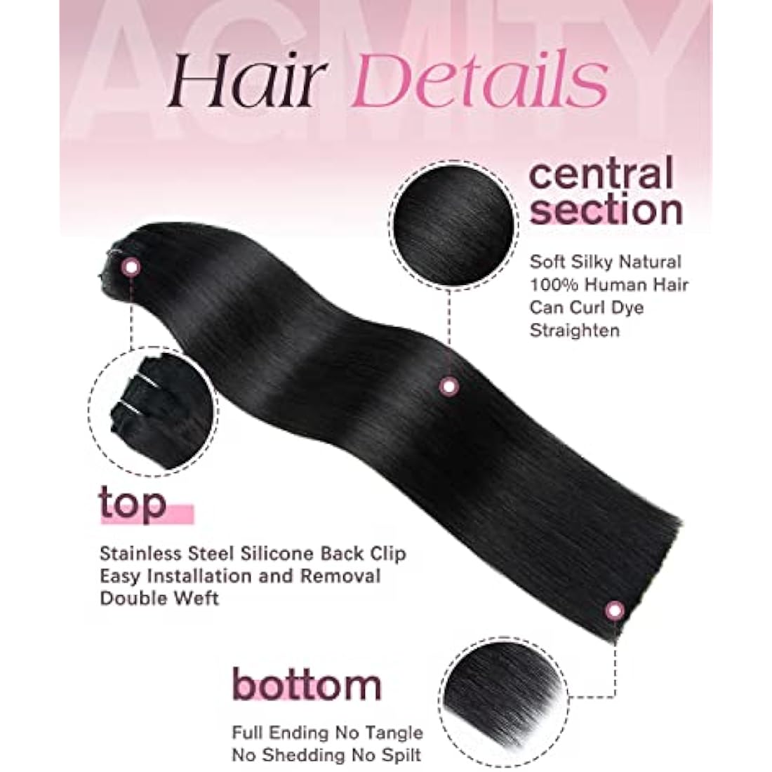 AGMITY Jet Black 16 Inch Remy Human Hair Clip In Extensions - 7Pcs