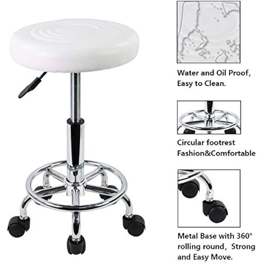 KKTONER PU Leather Rolling Stool - Swivel Salon Chair with Footrest, White