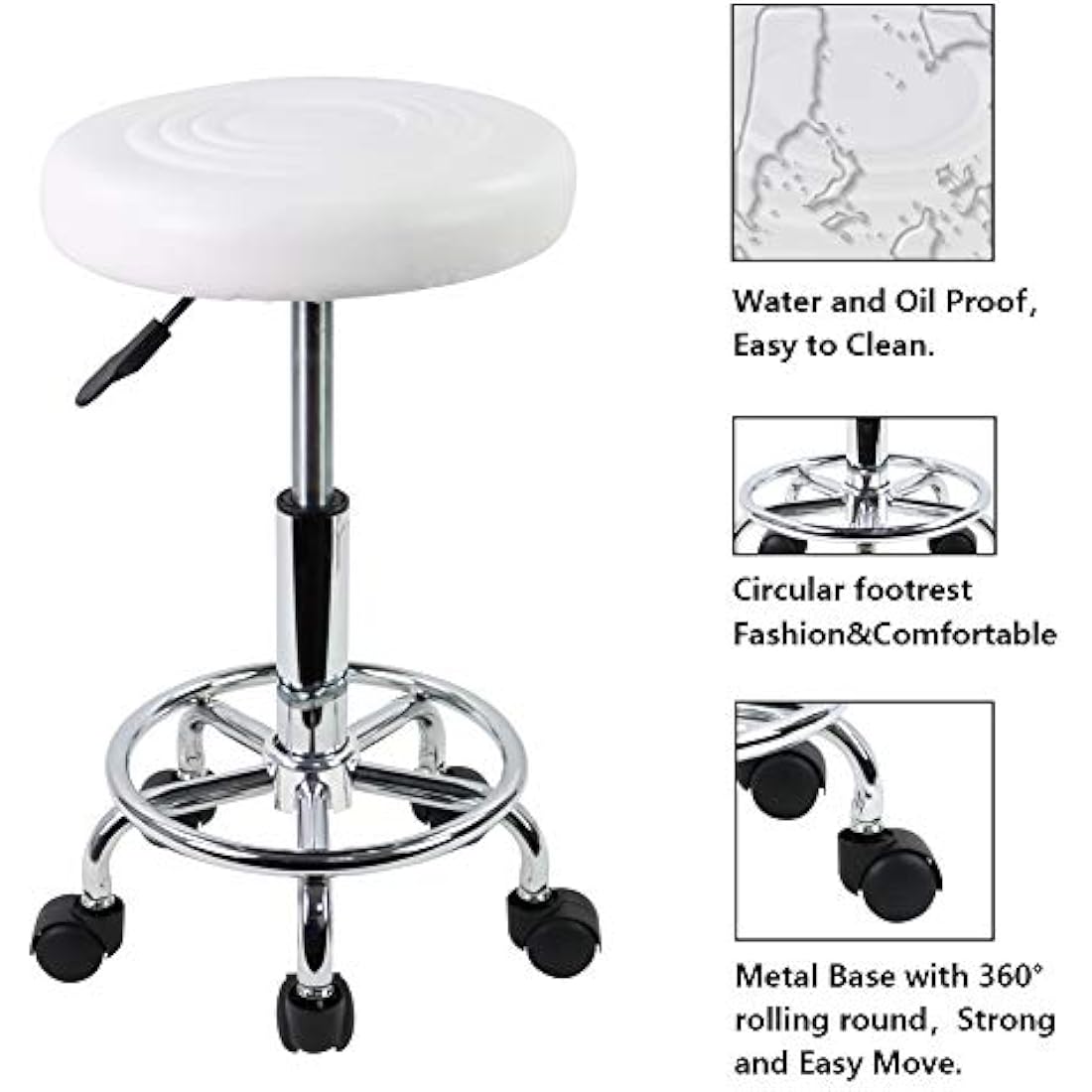 KKTONER PU Leather Rolling Stool - Swivel Salon Chair with Footrest, White