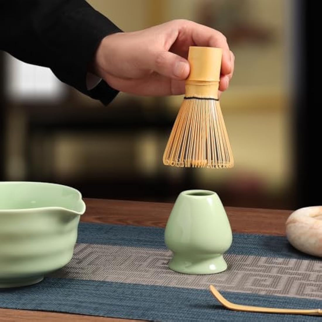 Geebuzz 6-Piece Matcha Whisk Set – Bamboo Whisk and Ceramic Bowl, Green