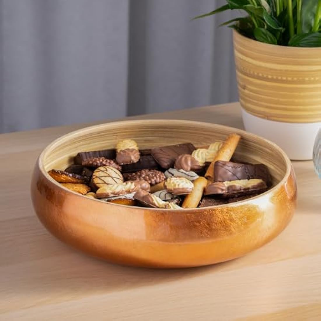 Dehaus Large Bamboo Fruit Bowl – 30cm Rose Gold Wooden Serving Bowl