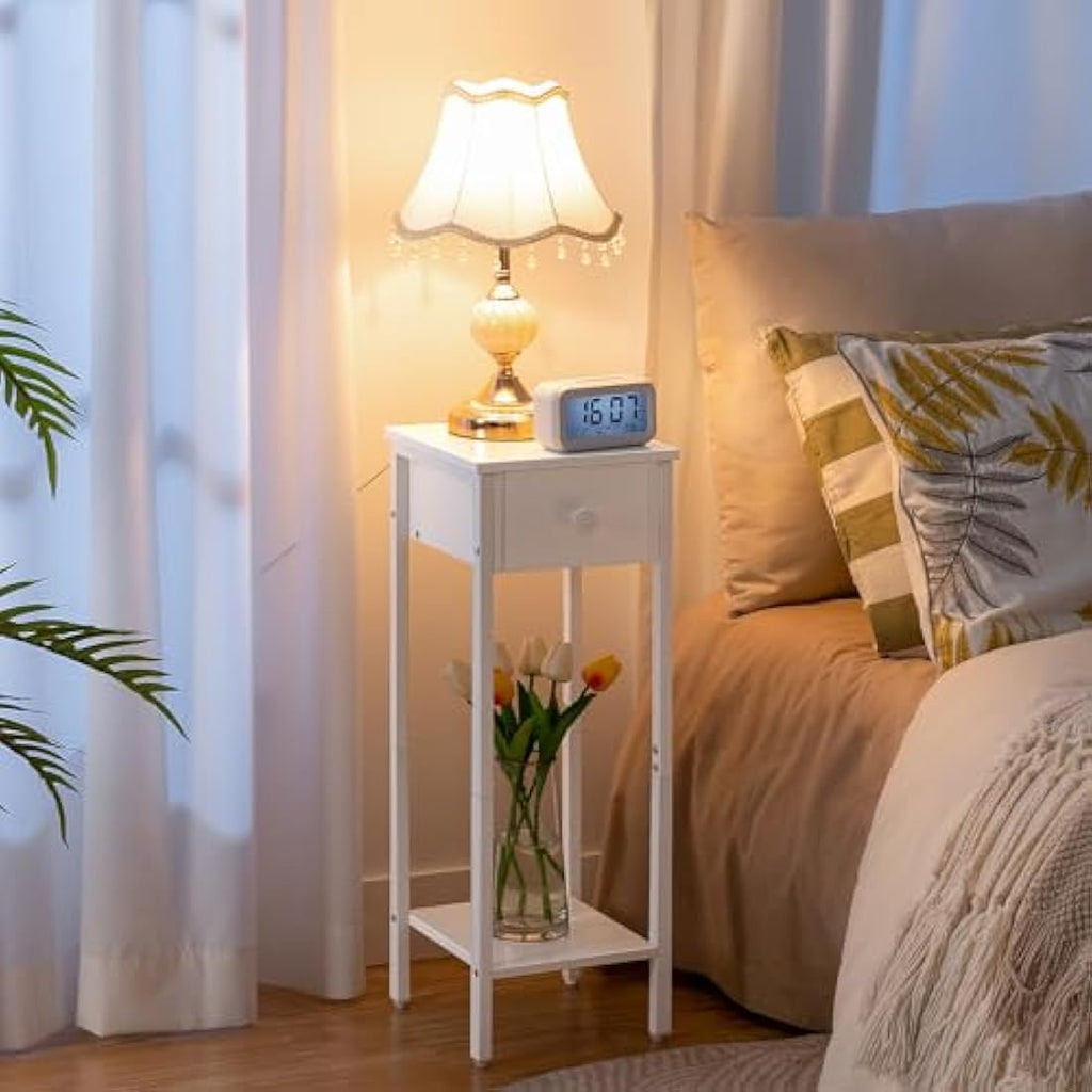 HOOBRO Slim White Bedside Table – Tall Narrow Side Table with Drawer