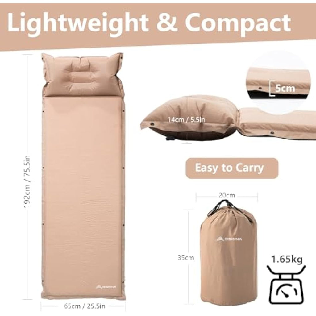 BISINNA Self-Inflating Camping Mat with Pillow | 3cm/5cm Foam Mattress