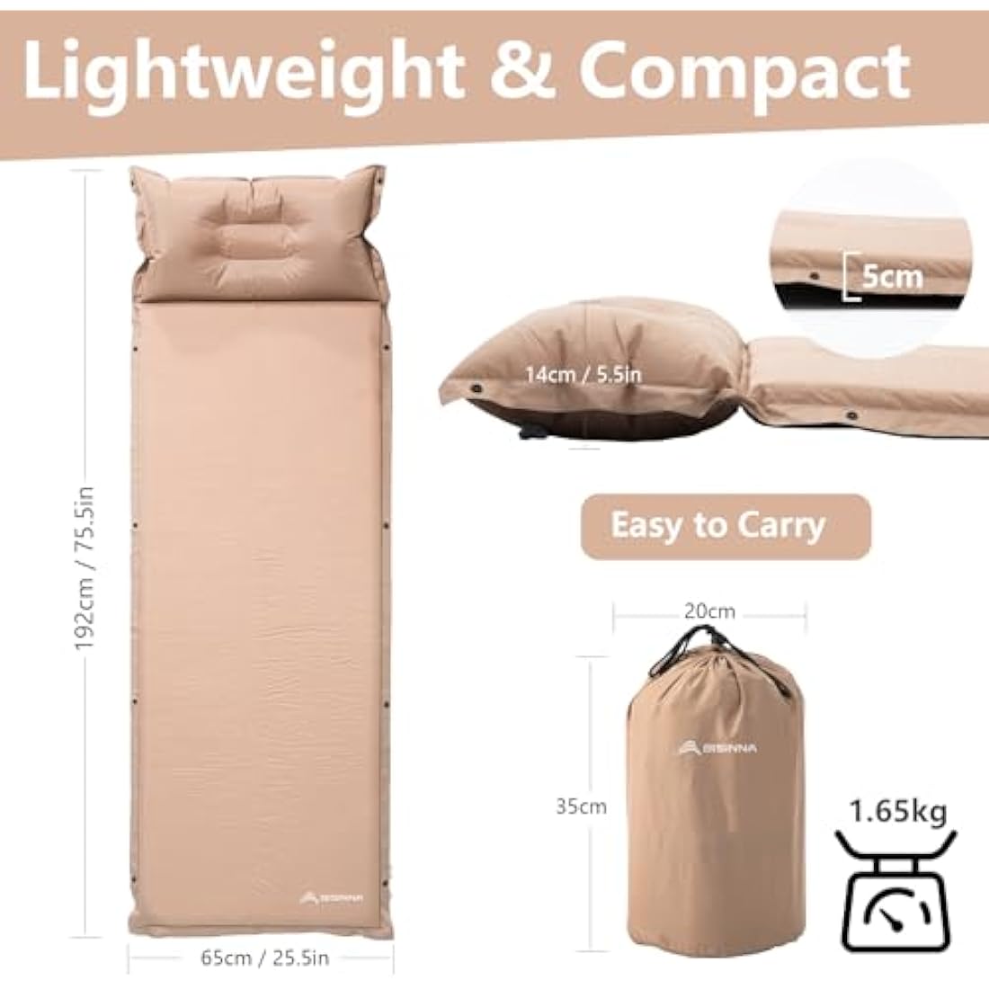 BISINNA Self-Inflating Camping Mat with Pillow | 3cm/5cm Foam Mattress