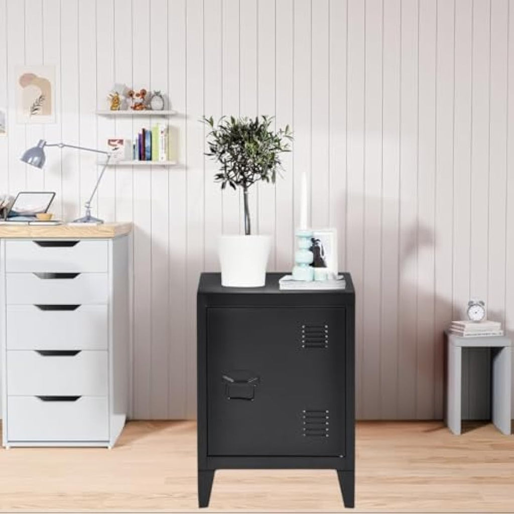 Homybec Metal Locker Storage Cabinet | 2-Tier Industrial Nightstand, Black