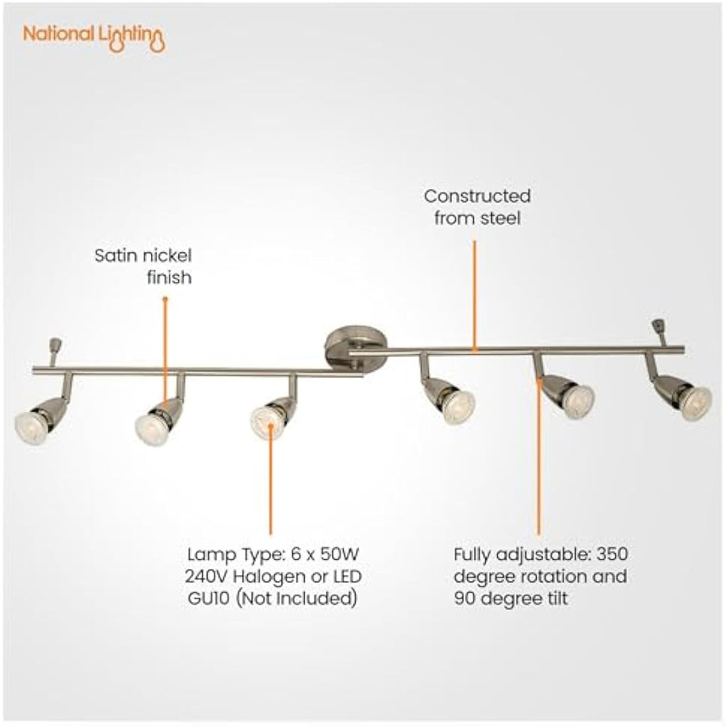 National Lighting Amalfi 6-Way Adjustable Ceiling Spotlight Bar - Satin Silver