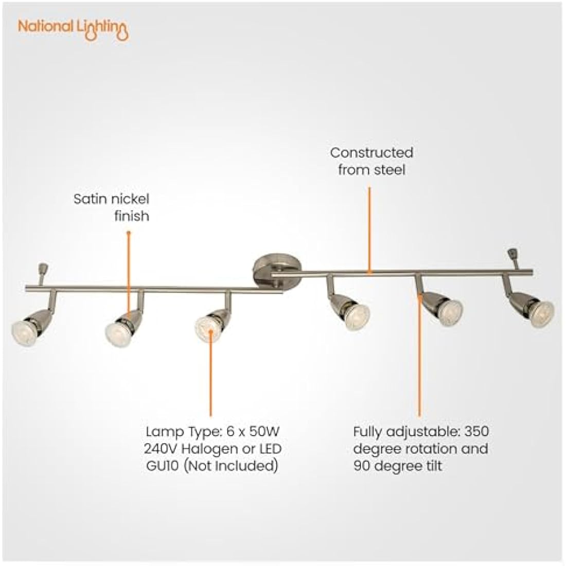 National Lighting Amalfi 6-Way Adjustable Ceiling Spotlight Bar - Satin Silver