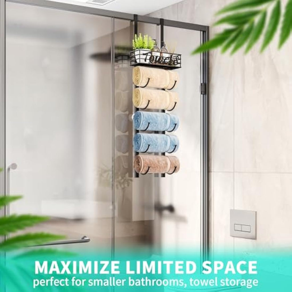 HapiRm 6-Tier Over Door Towel Rack | Wall Mounted Metal Storage with Basket