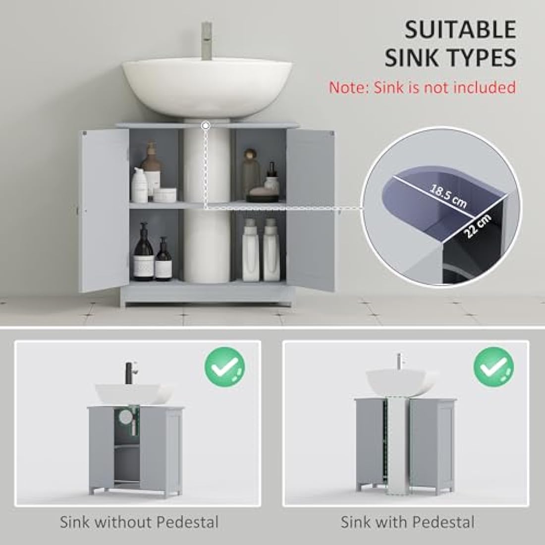 kleankin Under-Sink Bathroom Storage Cabinet – Adjustable Shelf, Grey