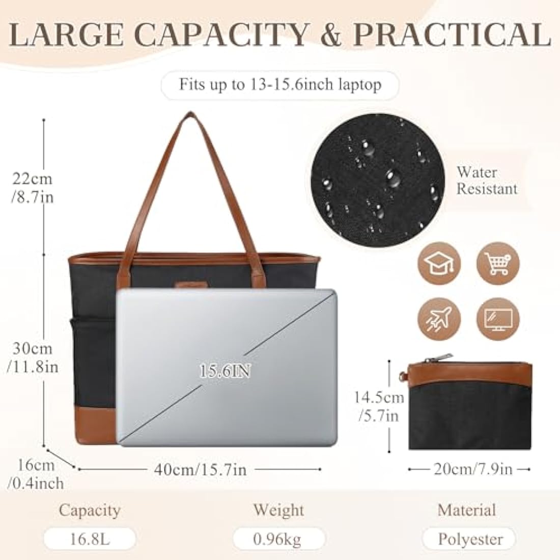 Kasgo 15.6 inch Laptop Bag for Women | Water Resistant Work Tote Bag
