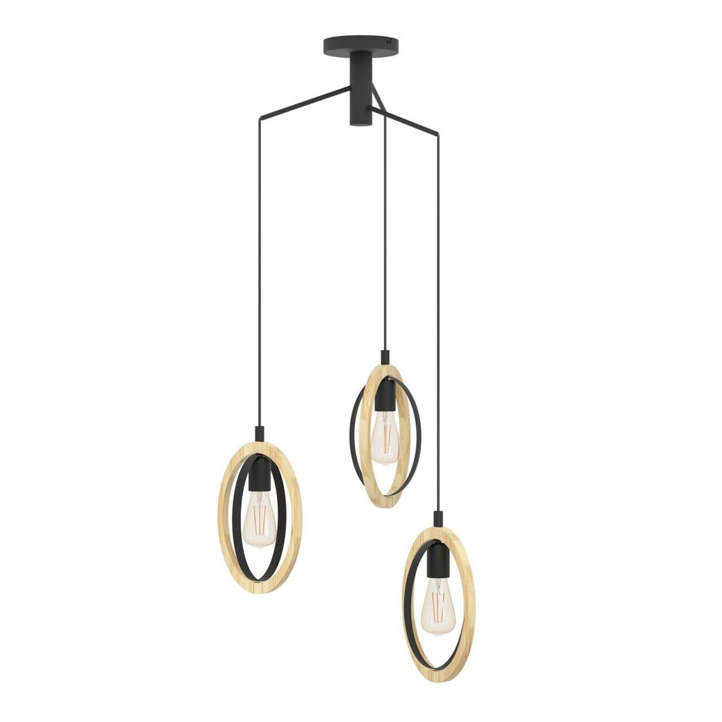 Eglo Basildon 3-Light Pendant Lamp – Vintage Wood and Black Steel