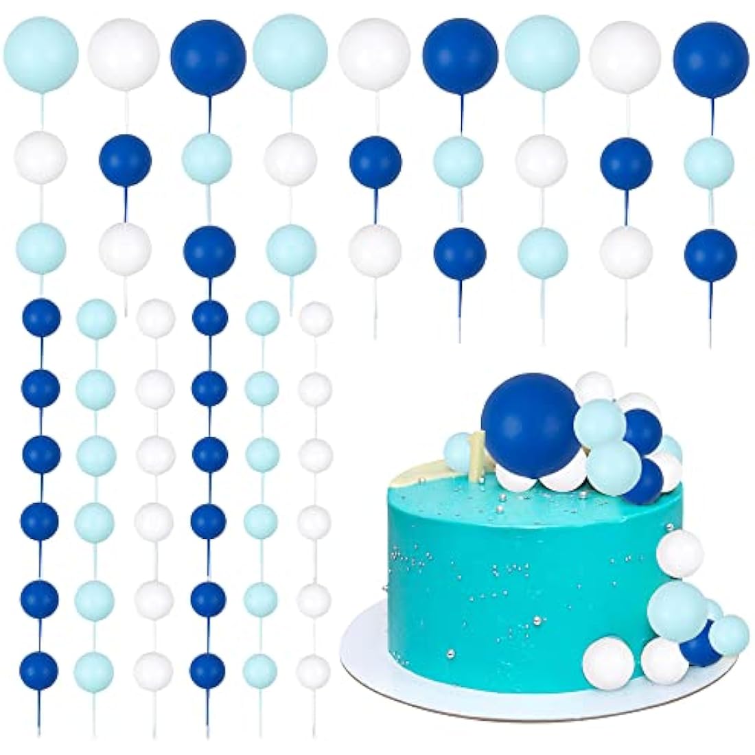 Gyufise 30Pcs Ball Cake Toppers – Blue & White Foam Cupcake Picks