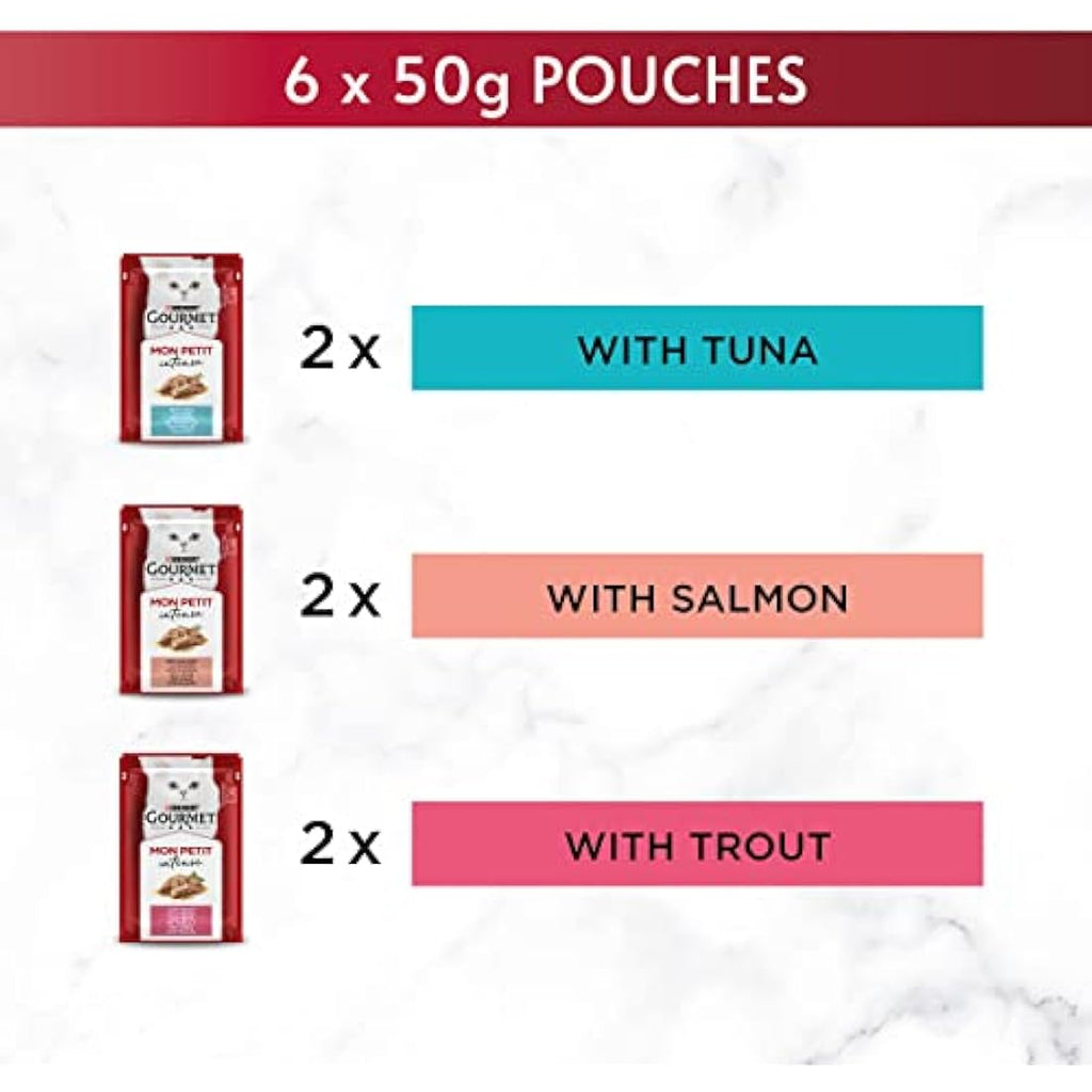Gourmet Mon Petit Wet Cat Food - Tuna, Salmon & Trout - 48 x 50g Pouches