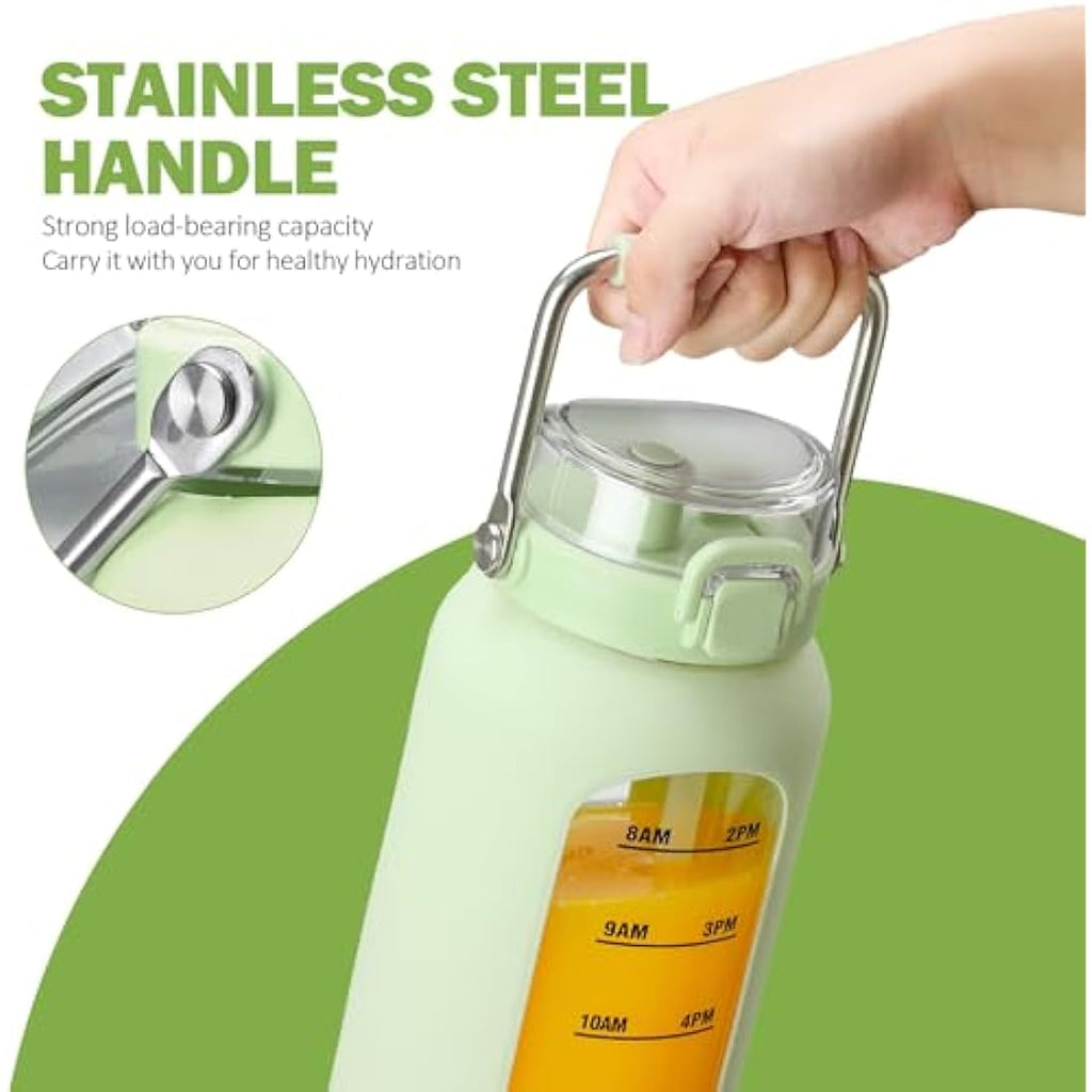 BLUEGO 2L Borosilicate Glass Water Bottle with Time Marker & Straw