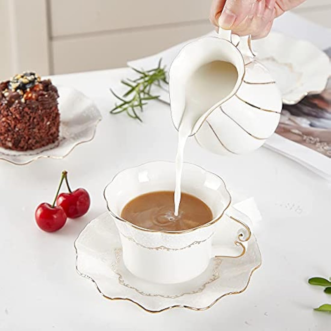 DUJUST Luxury Porcelain Tea Cups and Saucers Set of 6 with Metal Stand – White
