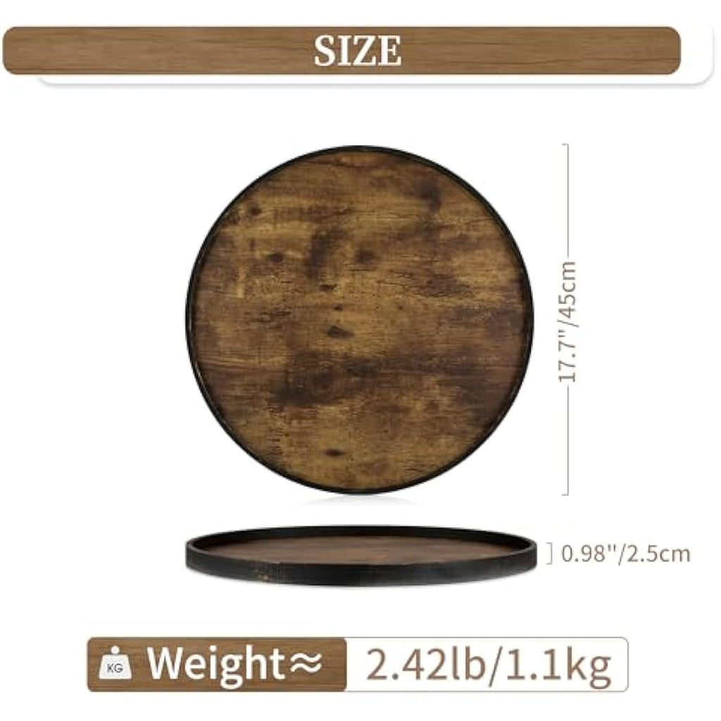 Hanobe 45cm Round Wooden Serving Tray – Rustic Ottoman Coffee Table Decor