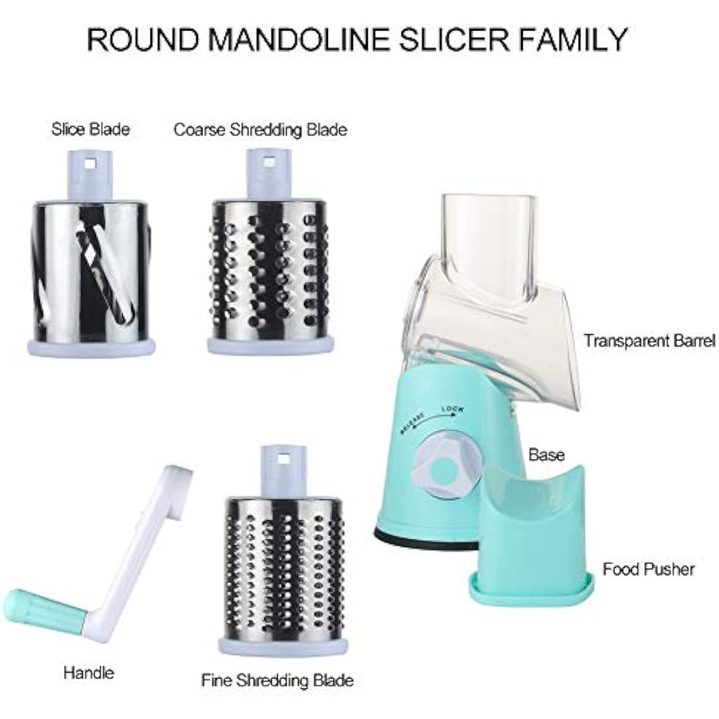 Ourokhome Rotary Cheese Grater | 3-Blade Vegetable Mandoline Slicer – Blue