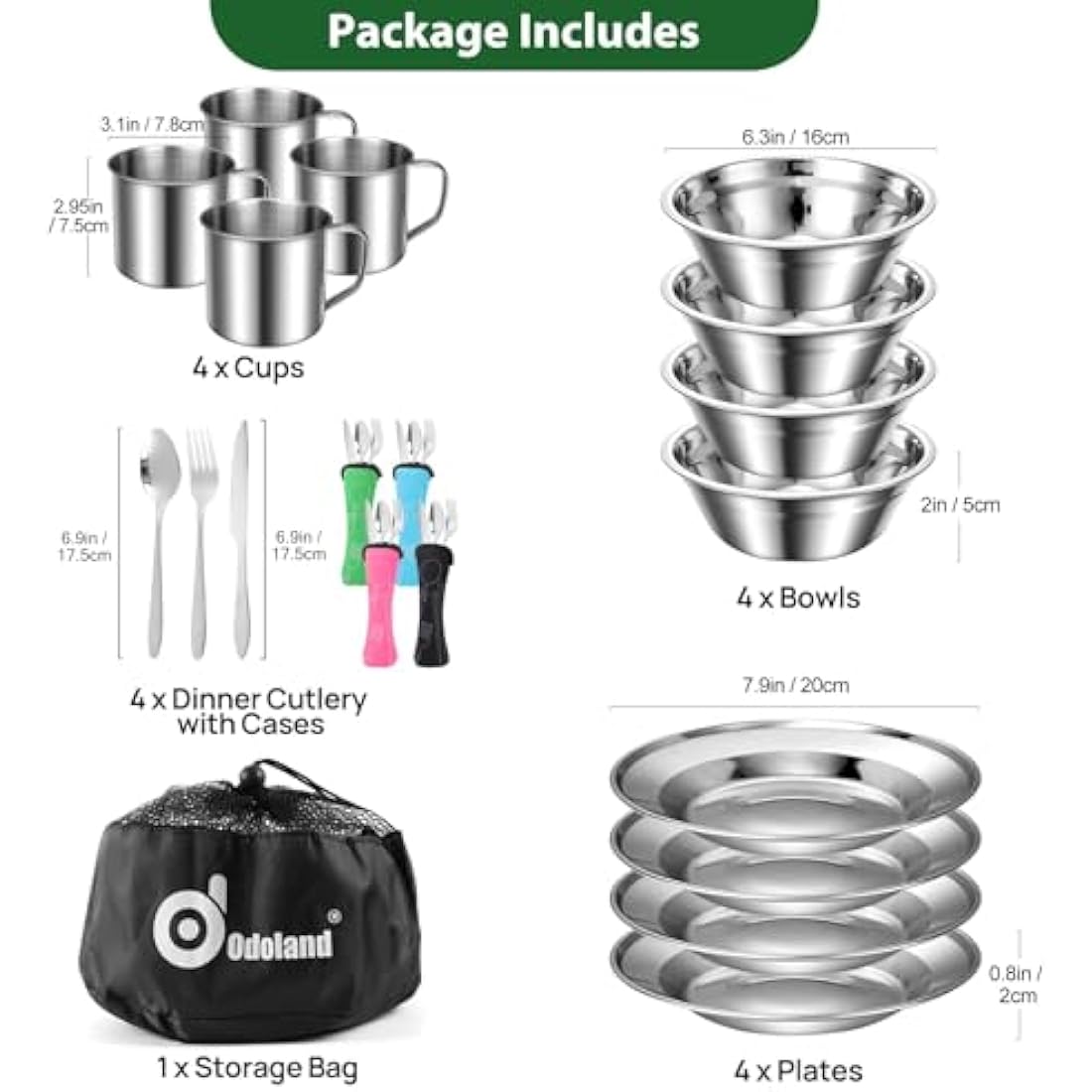Odoland 8-in-1 Camping Cutlery Set | Stainless Steel Mess Kit with Bag