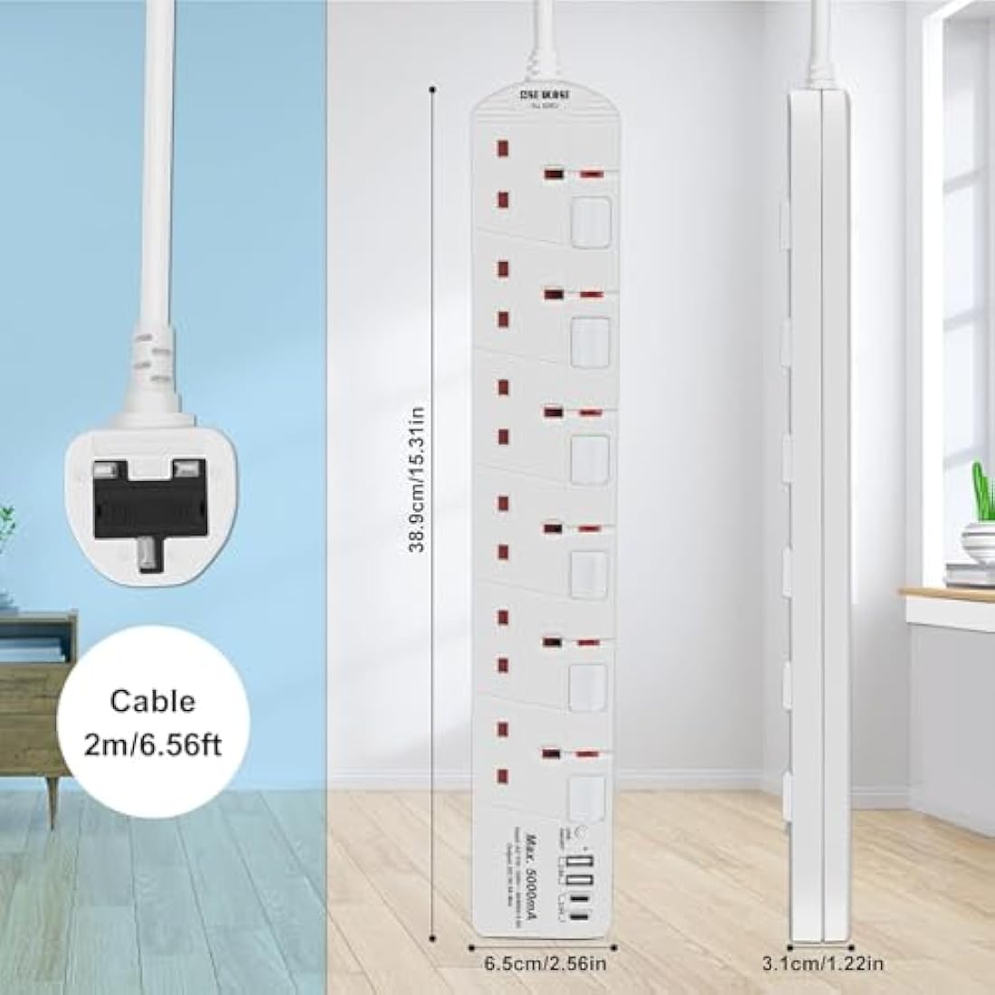 SE UKASE 6 Way Extension Lead with USB & Type C | 2M Wall Mount Power Strip