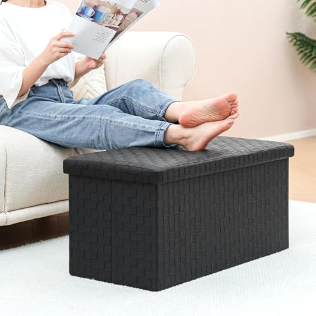 Bonlife Foldable Faux Leather Storage Ottoman Bench - Black, 76cm