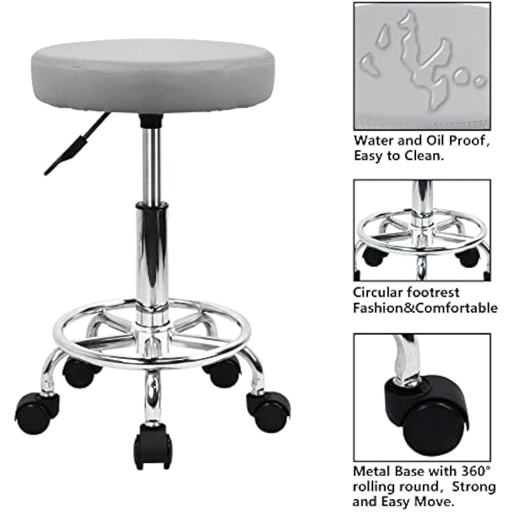 KKTONER Gray PU Leather Rolling Stool – Adjustable Swivel Salon Chair