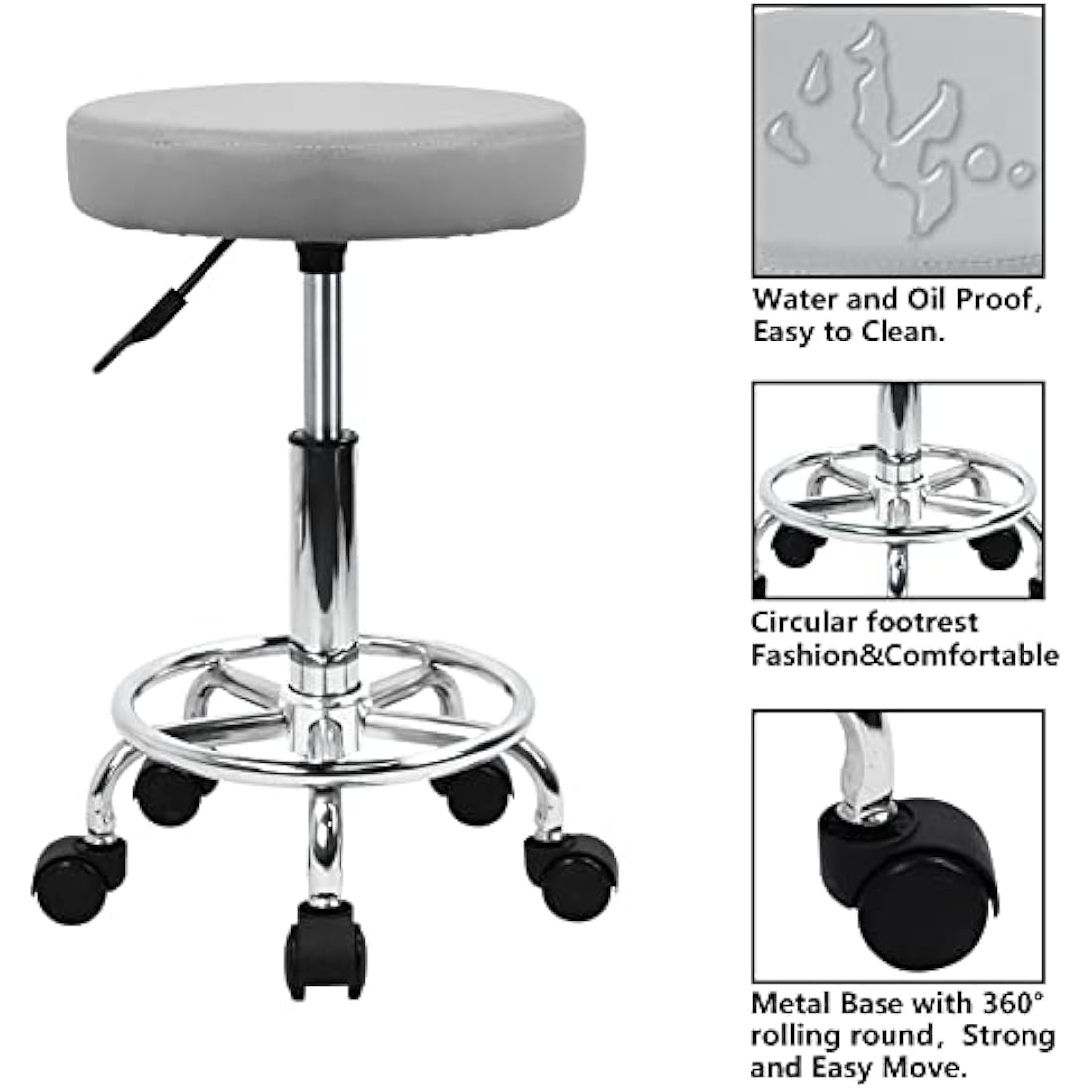 KKTONER Gray PU Leather Rolling Stool – Adjustable Swivel Salon Chair