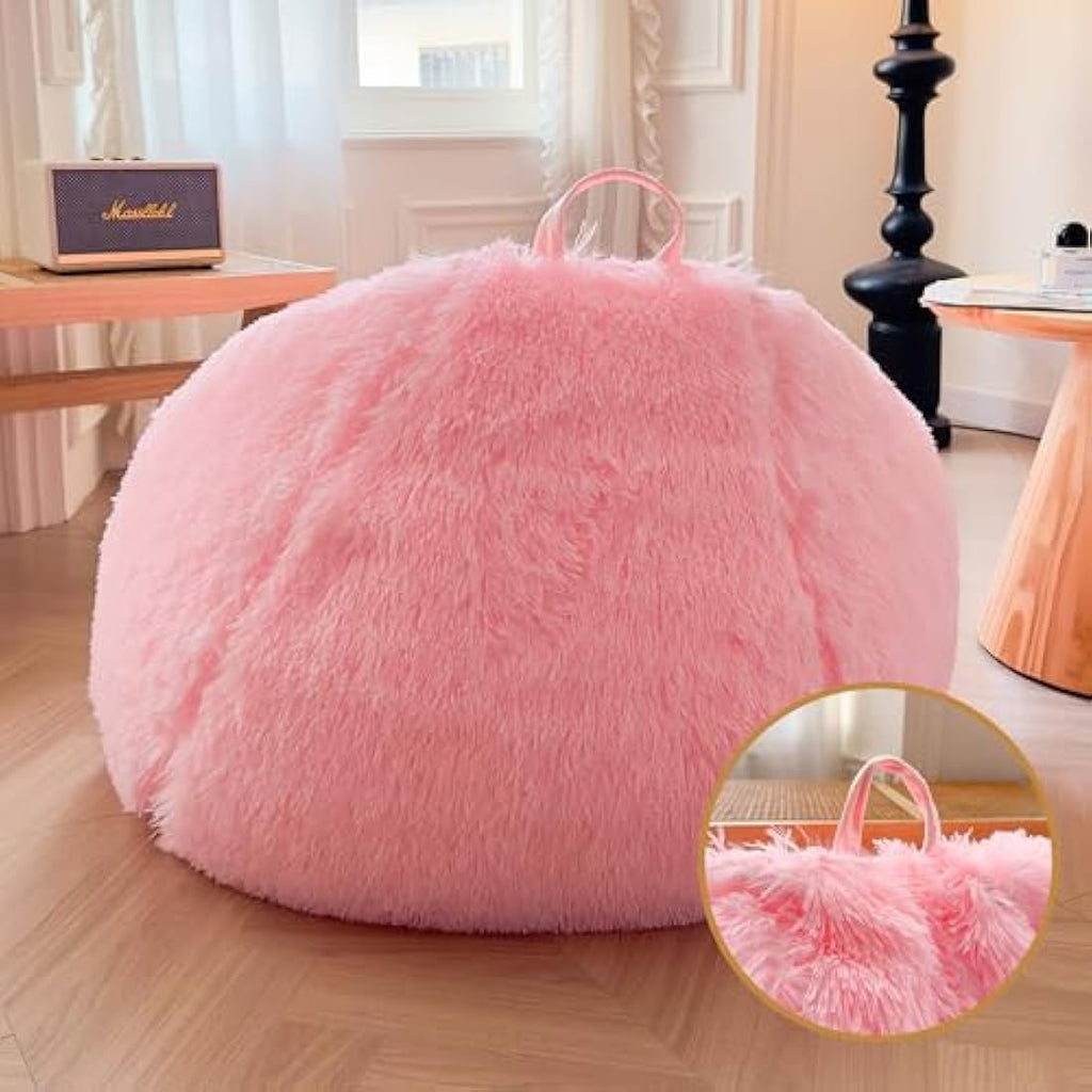 XeGe Faux Fur Bean Bag Cover – Fluffy Plush Stuffed Animal Storage, Pink
