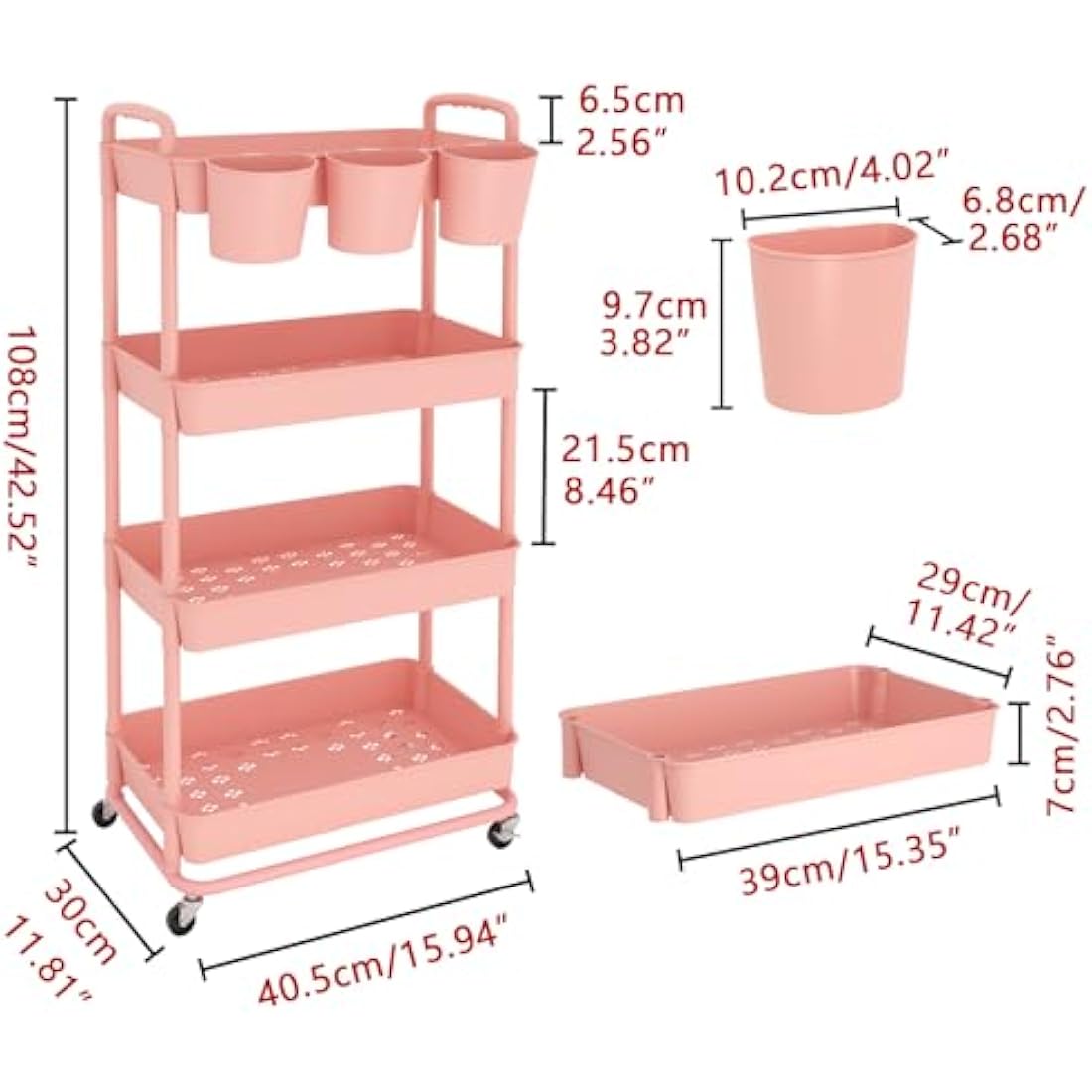 JIUYOTREE 4-Tier Plastic Rolling Utility Cart with Handles - Pink