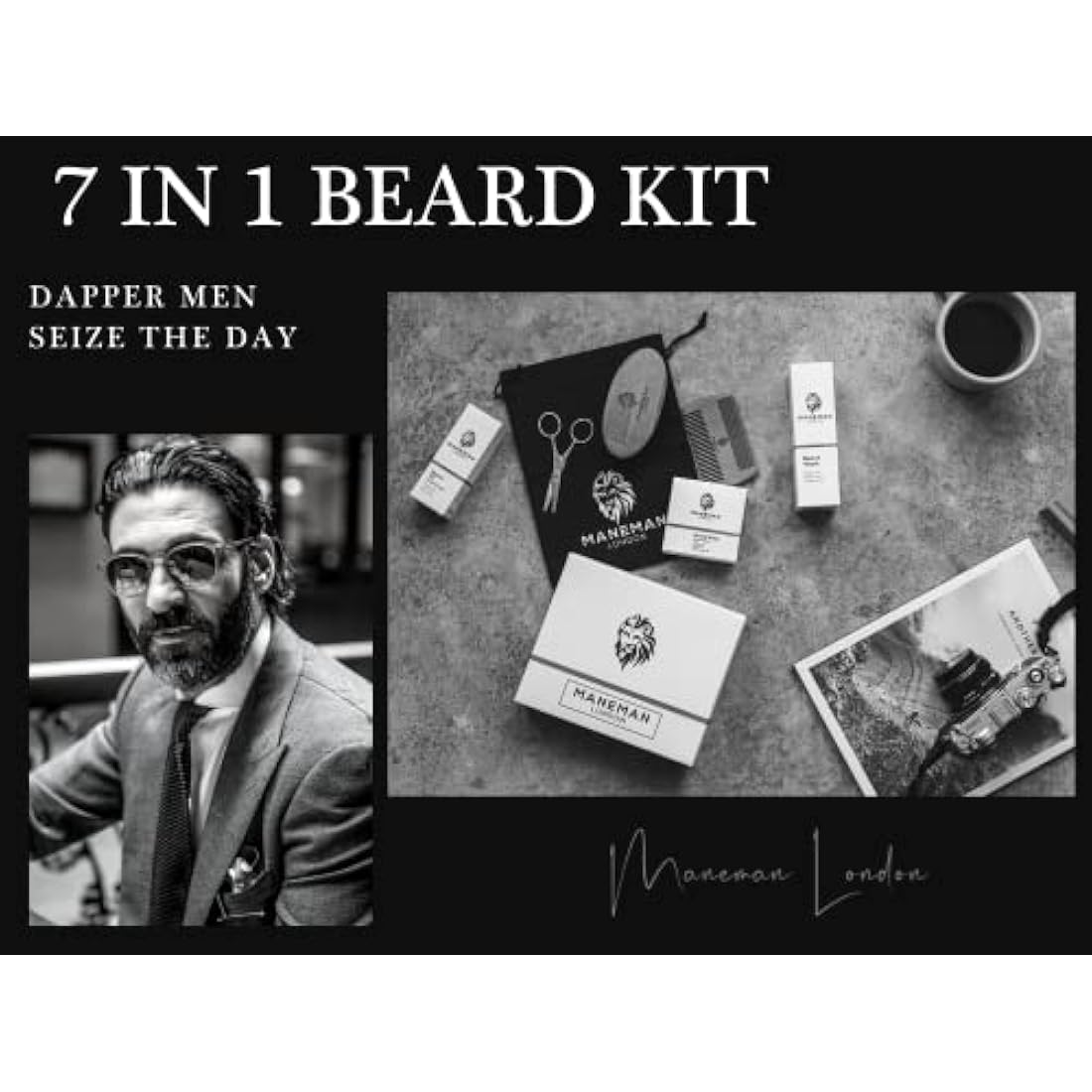 Maneman London Beard Grooming Kit - 7 Piece Natural Gift Set for Men