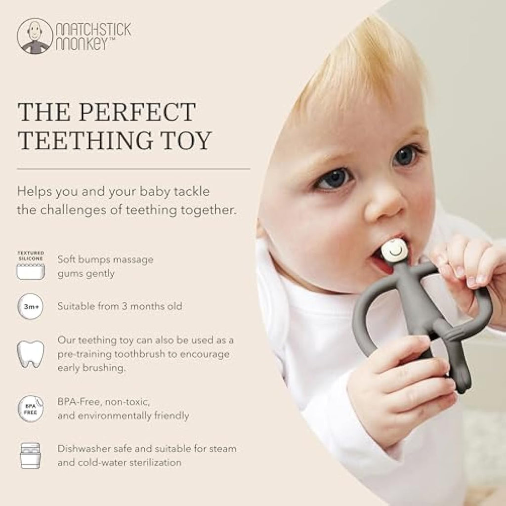Matchstick Monkey Silicone Teether & Gel Applicator - Grey Monkey