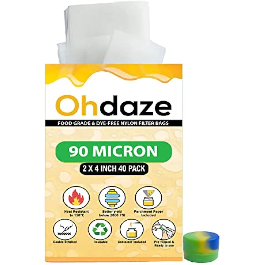 Ohdaze 90 Micron Rosin Press Bags – 2x4 Inch Double-Stitched Nylon 40 Pack