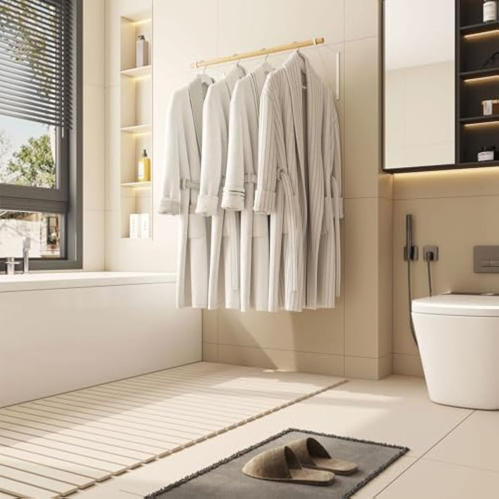 IBUYKE Wall Mounted Wood Coat Rack – Industrial White Clothes Rail