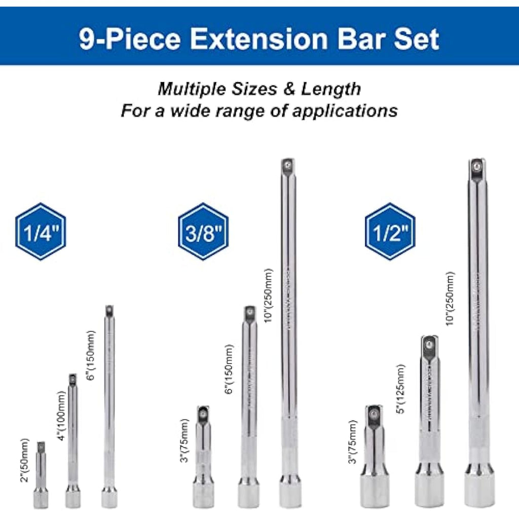 DAKCOS 9-Piece Socket Extension Bar Set | 1/4" 3/8" 1/2" Drive CR-V Steel