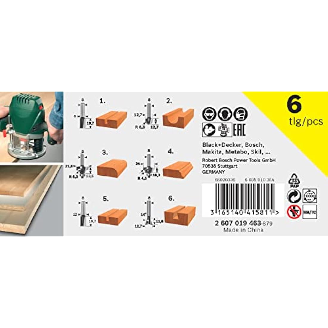 Bosch 6-Piece Tungsten Carbide Router Bit Set for Wood | 1/4" Shank