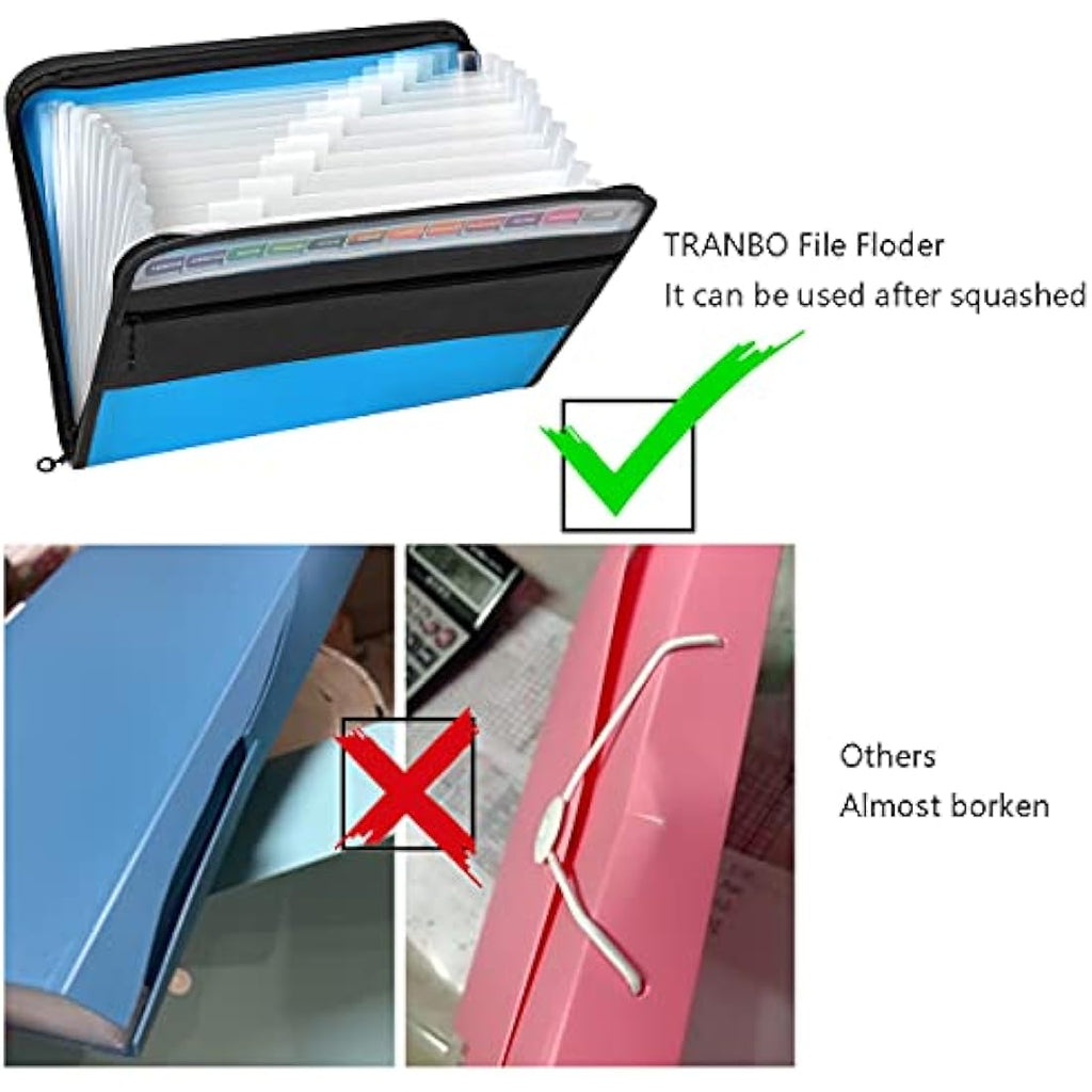 Tranbo 13 Pockets Expanding File Folder | A4 Zippered Document Organizer