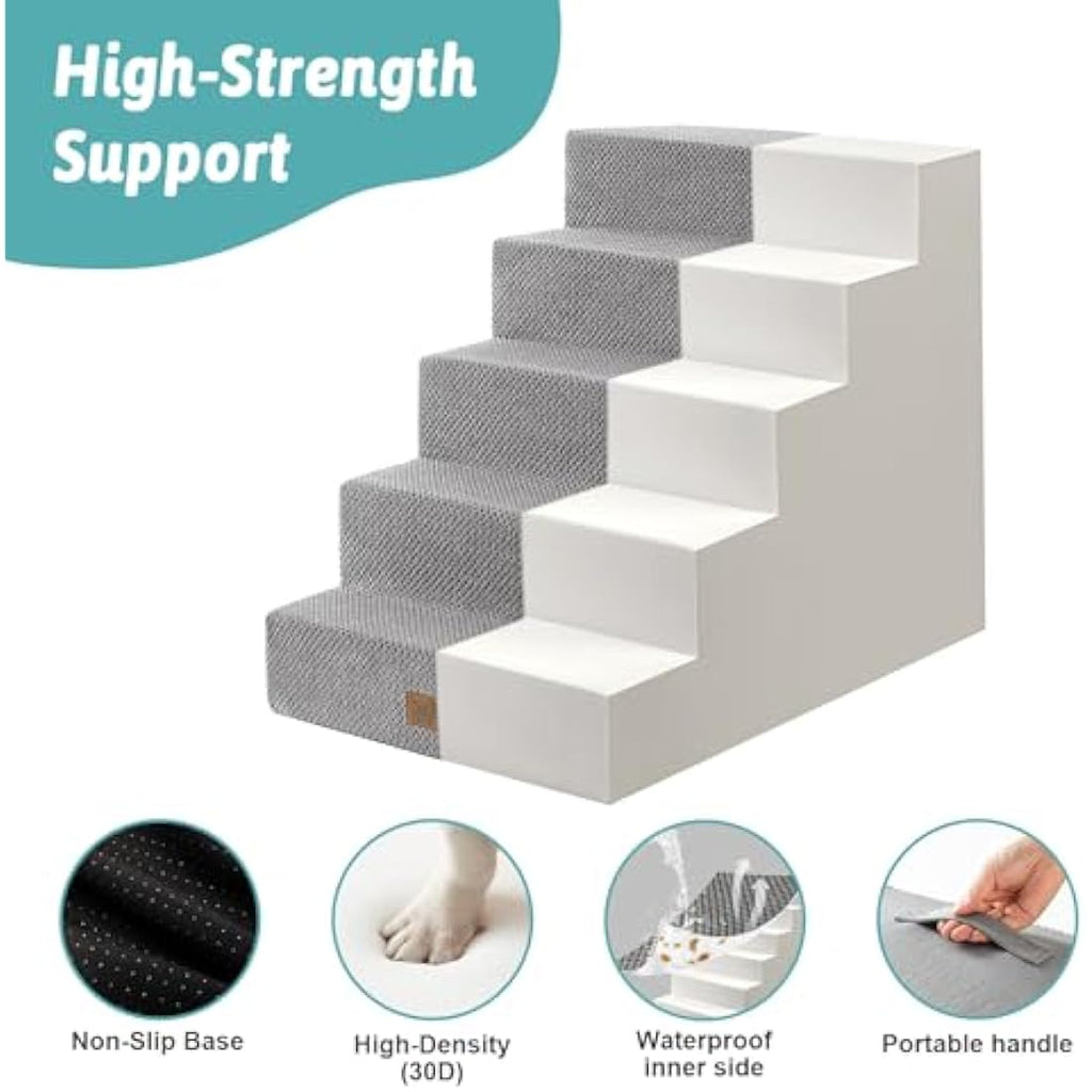 COZY KISS 5-Tier Wide Foam Dog Stairs for High Beds – Non-Slip Grey